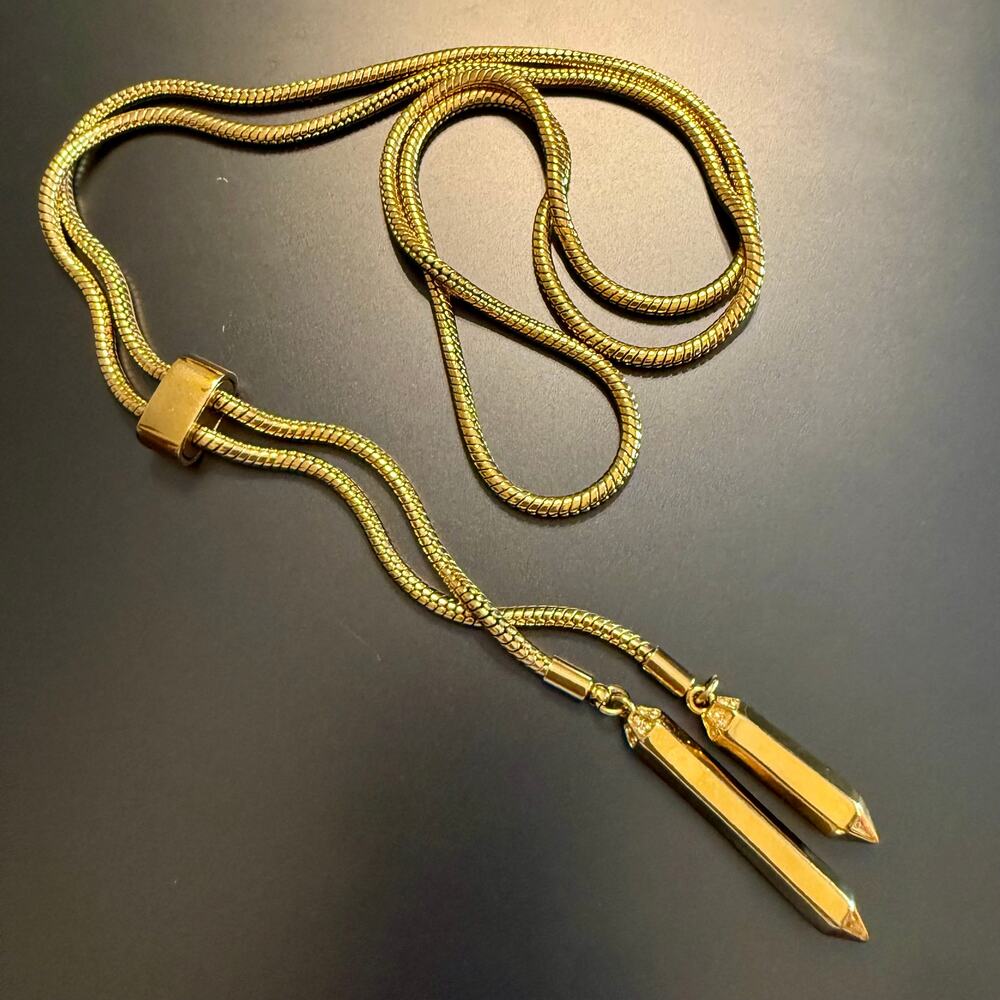 Gold Tone Snake Chain Lariat Necklace w/ Obelisk Pendants